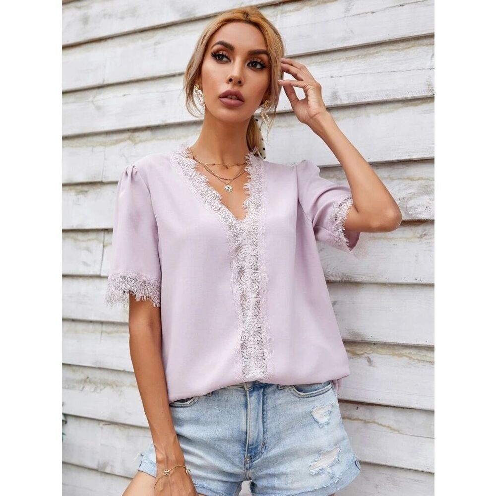 Womens Shein Muted Lilac Lace Contrast Puff Sleeve Blouse Top - Sz S